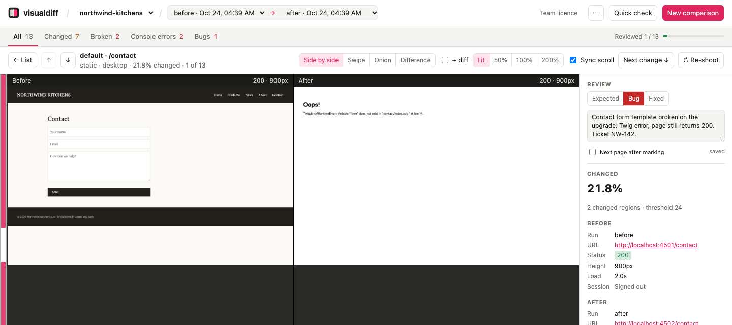 Page marked as a bug with a note and ticket number, error page flagged on the after side